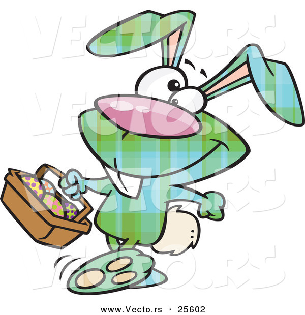 Vector of a Green Plaid Cartoon Easter Bunny Carrying a Full Basket of Painted Eggs