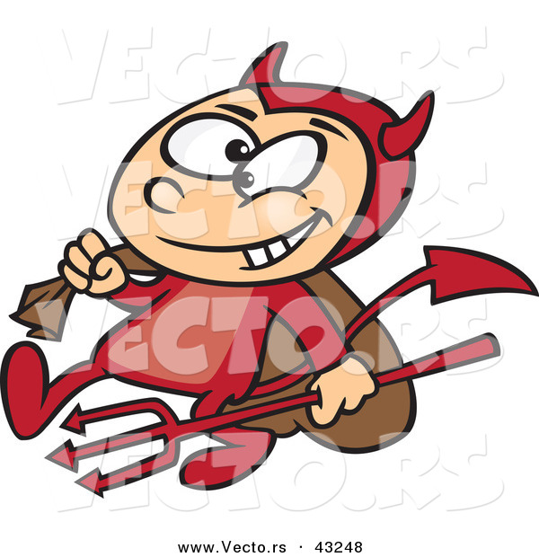 Vector of a Grinning Cartoon Devil Boy Carrying a Sack and Pitchfork
