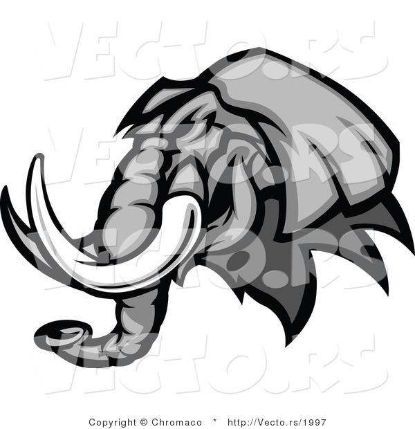 Vector of a Grinning Cartoon Elephant Mascot Staring with Intimidating Eyes and Long Tusks