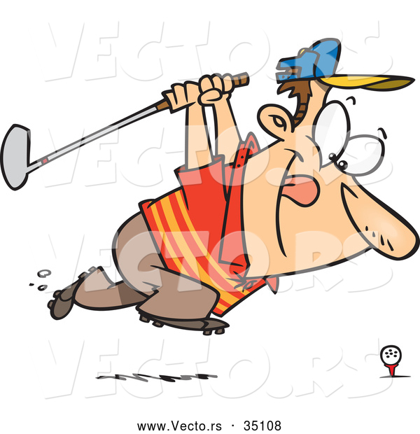 Vector of a Grinning Cartoon Golfer Running Towards a Golf Ball on a Tee with His Club