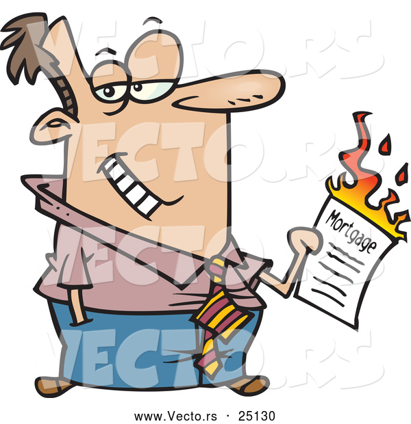 Vector of a Grinning Cartoon Man Burning Mortgage Contract