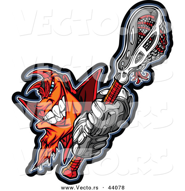 Vector of a Grinning Cartoon Orange and Red Devil Mascot with a Lacrosse Stick