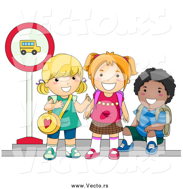Vector of a Group of Happy Young School Kids Waiting at a Bus Stop