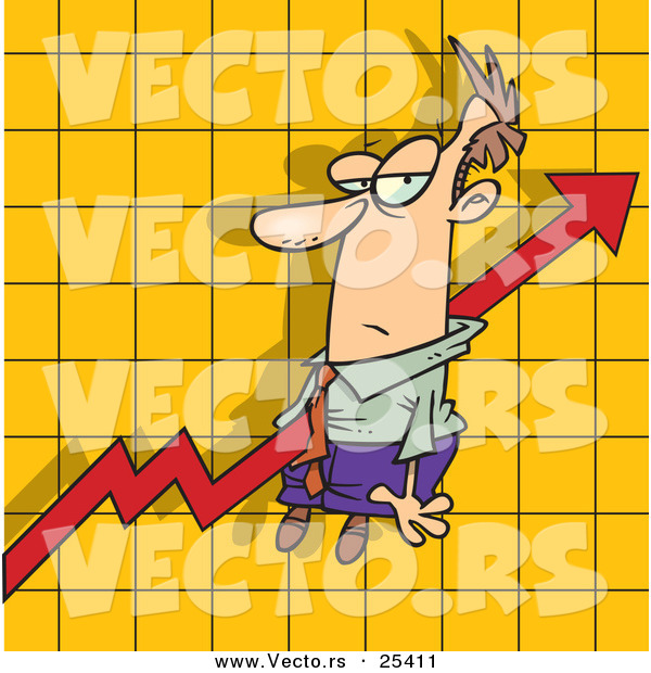 Vector of a Grumpy Cartoon Businessman Riding a Red Increase Arrow over a Graph Chart