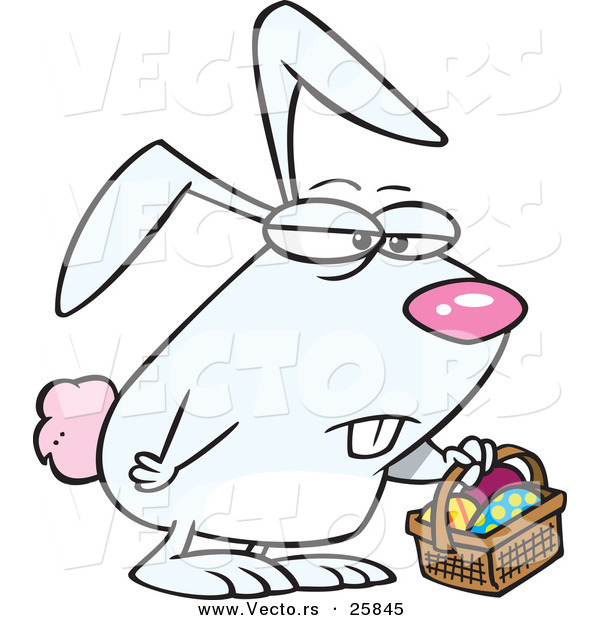 Vector of a Grumpy Cartoon Easter Bunny Carrying Basket Full of Eggs