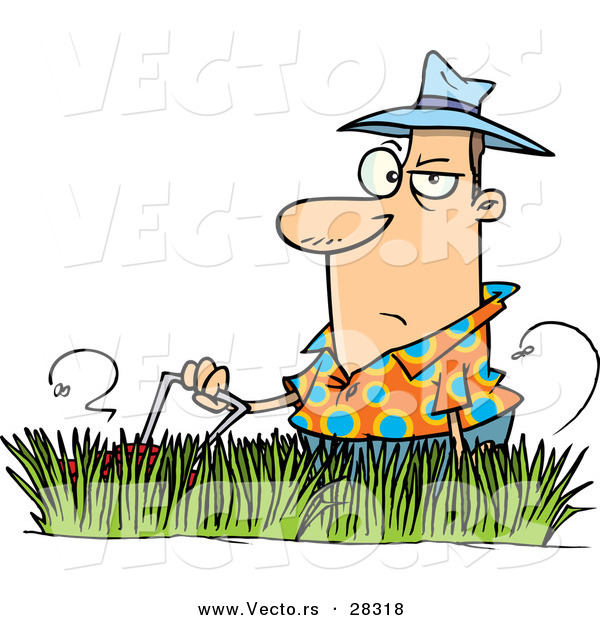 Vector of a Grumpy Cartoon Man Mowing Lawn with Tall Grass