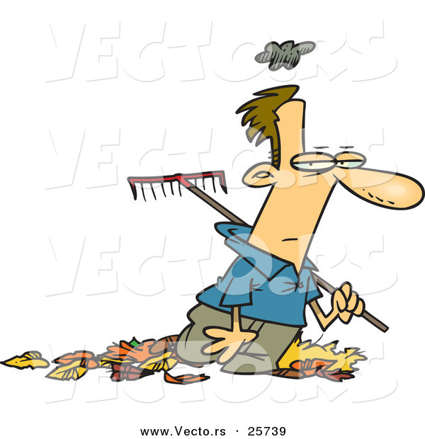 Vector of a Grumpy Cartoon Man Raking Autumn Leaves