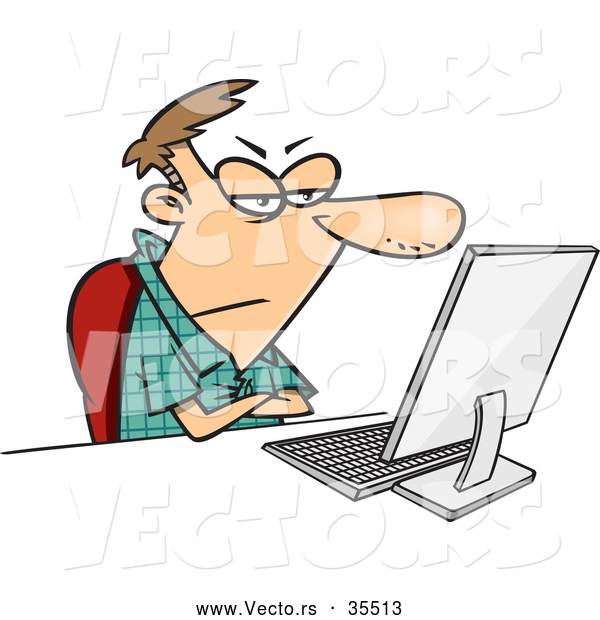Vector of a Grumpy Cartoon Man Sitting at a Desk in Front of His Computer with Arms Crossed