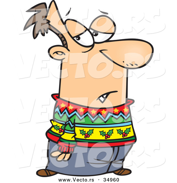 Vector of a Grumpy Cartoon Man Wearing an Ugly Festive Sweater