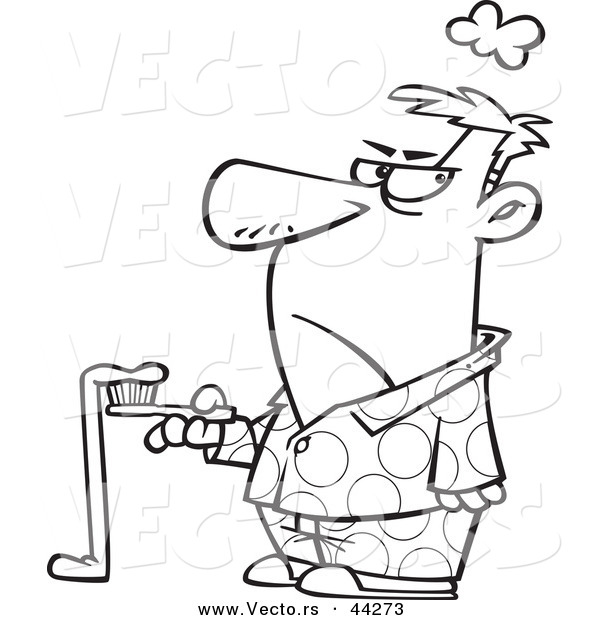 Vector of a Grumpy Cartoon Man with Bad Toothpaste Hanging off of His Brush - Coloring Page Outline