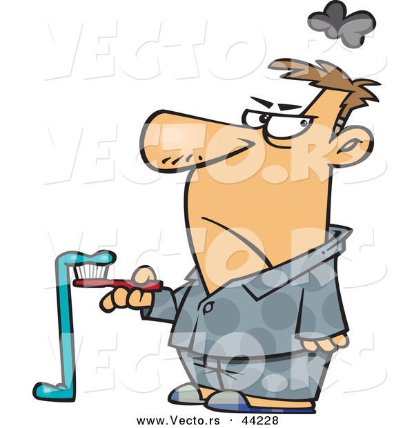Vector of a Grumpy Cartoon Man with Long Squirt of Toothpaste Hanging off of His Brush