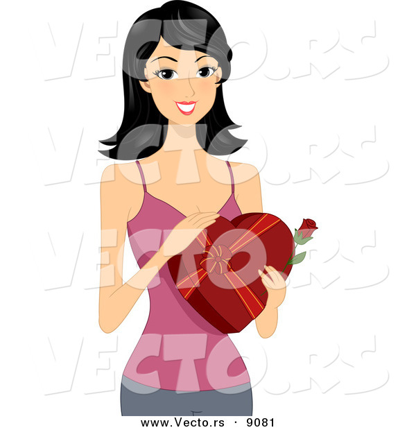 Vector of a Happy Asian Girl Holding a Red Rose and a Box of Valentine Chocolates