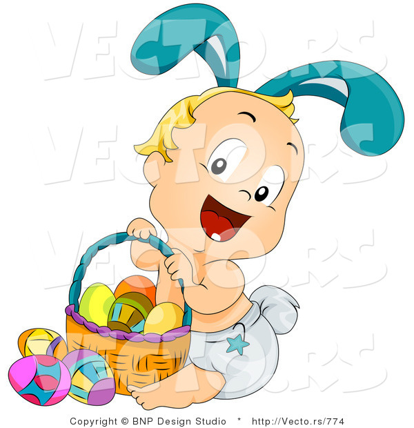 Vector of a Happy Baby Bunny Boy with Easter Basket Full of Eggs