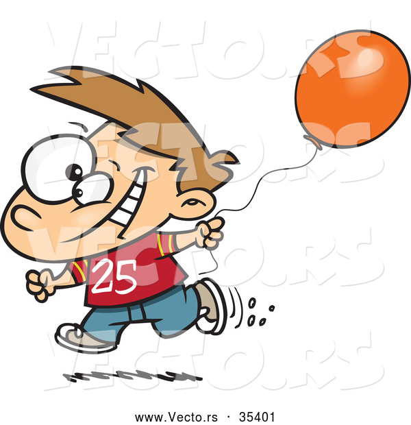 Vector of a Happy Birthday Boy Running with an Orange Party Balloon