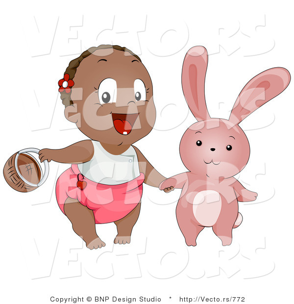 Vector of a Happy Black Baby Girl with Easter Bunny and Basket