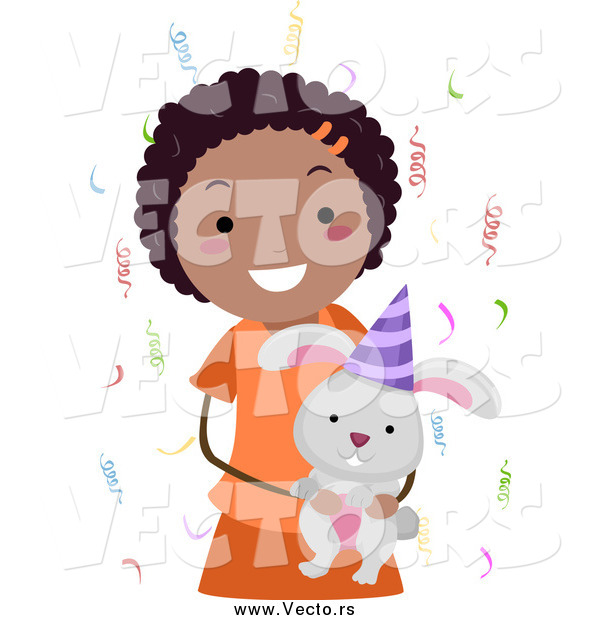 Vector of a Happy Black Birthday Girl Holding a Rabbit