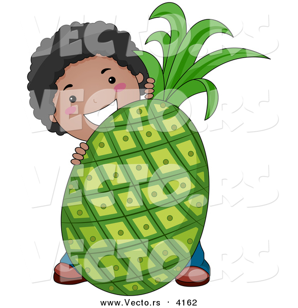 Vector of a Happy Black Boy Standing Behind a Giant Pineapple