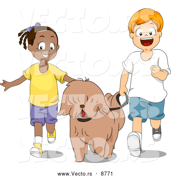 Vector of a Happy Black Girl and White Boy Walking a Dog Together