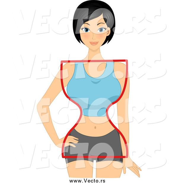 Vector of a Happy Black Haired Woman with an Outlined Hour Glass Figure