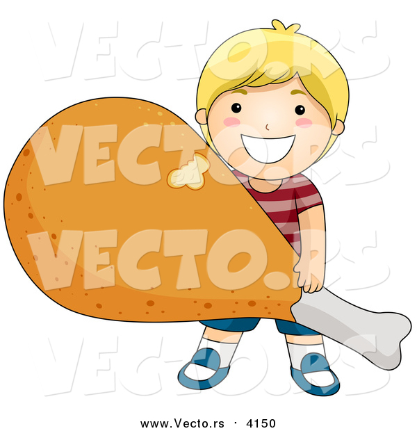 Vector of a Happy Blond Boy Carrying a Giant Fried Chicken Drumstick