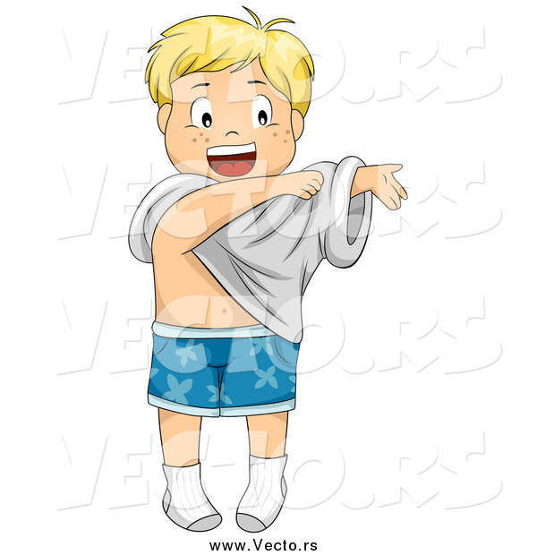 Vector of a Happy Blond Cartoon Boy Getting Dressed