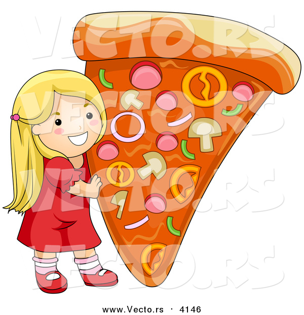 Vector of a Happy Blond Caucasian Girl Holding up a Giant Slice of Pizza