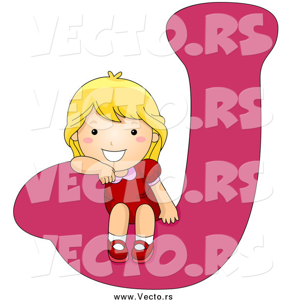 Vector of a Happy Blond White Girl Sitting on a Capital Letter J