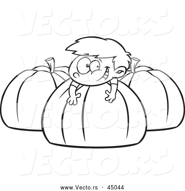 Vector of a Happy Boy Playing on Big Pumpkins - Outline