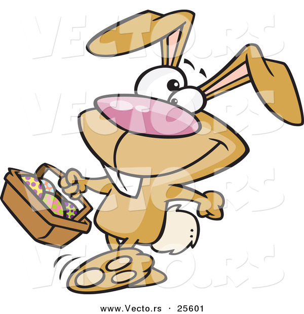 Vector of a Happy Brown Easter Bunny Walking with a Basket Full of Painted Eggs