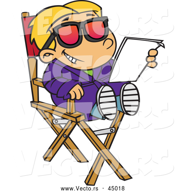 Vector of a Happy Cartoon Actor Kid Reading His Script While Sitting in the Director's Chair and Smiling