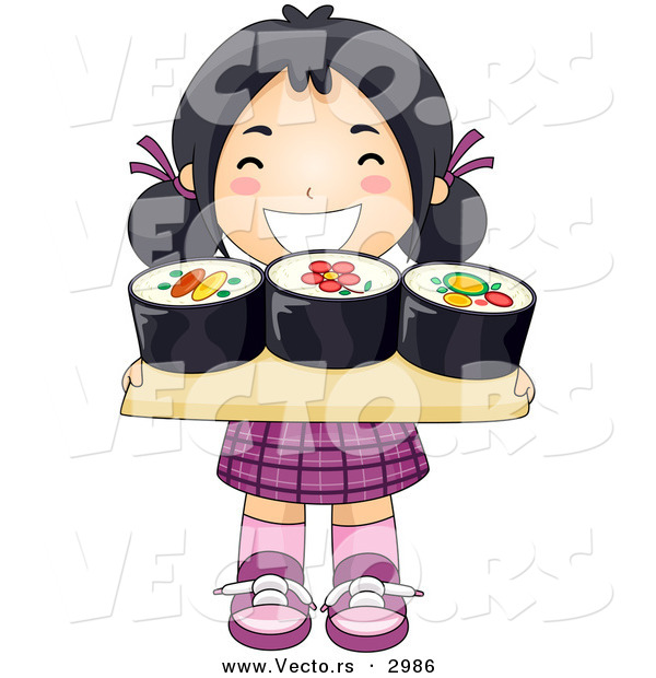 Vector of a Happy Cartoon Asian Girl Carrying Sushi Tray