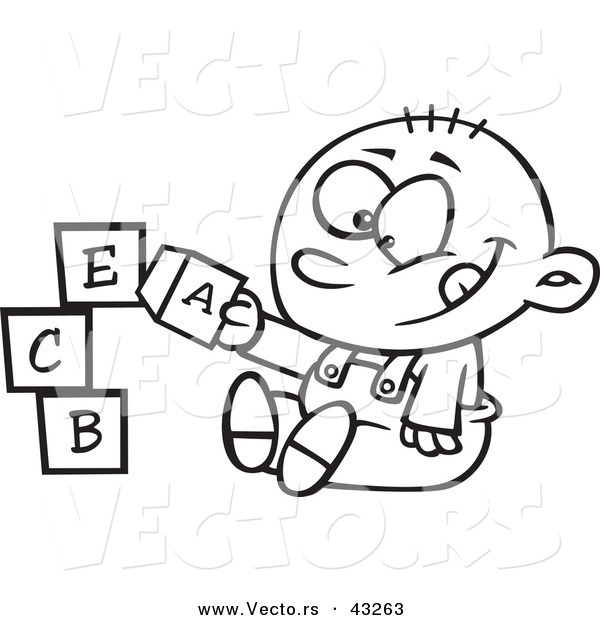 Vector of a Happy Cartoon Baby Boy Playing with Alphabet Blocks - Coloring Page Outline