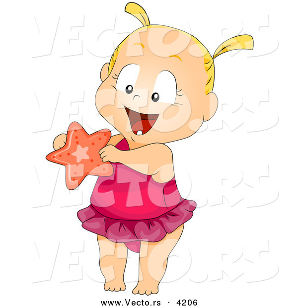 Vector of a Happy Cartoon Baby Girl Wearing Swimsuit, Holding a Starfish