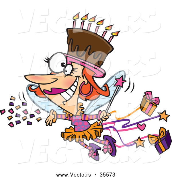 Vector of a Happy Cartoon Birthday Fairy Lady Flying Around with a Chocolate Cake on Her Head