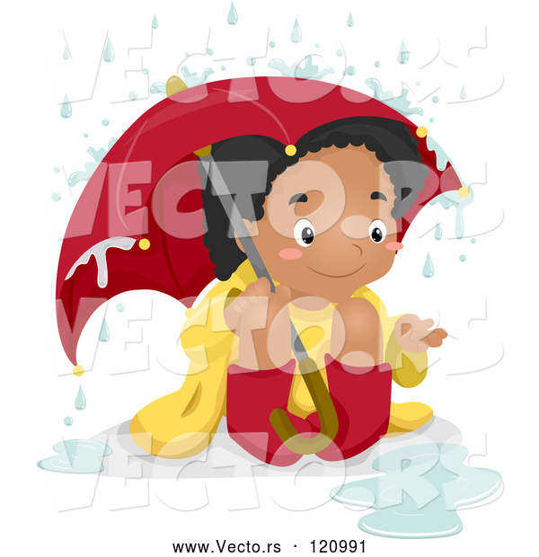 Vector of a Happy Cartoon Black Girl Sitting in the Rain Under an Umbrella