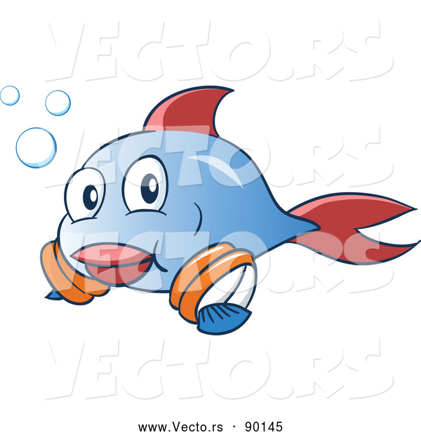 Vector of a Happy Cartoon Blue and Red Fish Learning to Swim with Arm Floaties