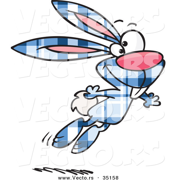 Vector of a Happy Cartoon Blue Plaid Easter Rabbit Jumping