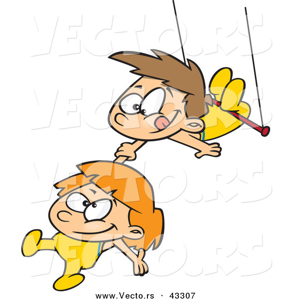 Vector of a Happy Cartoon Boy and Girl Playing on a Trapeze