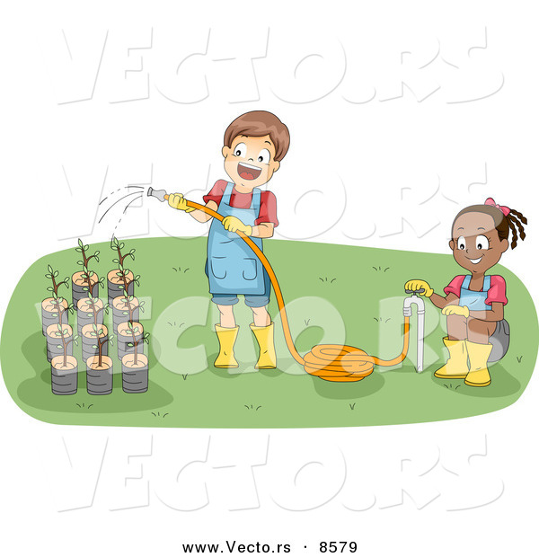 Vector of a Happy Cartoon Boy and Girl Watering Potted Garden Plants