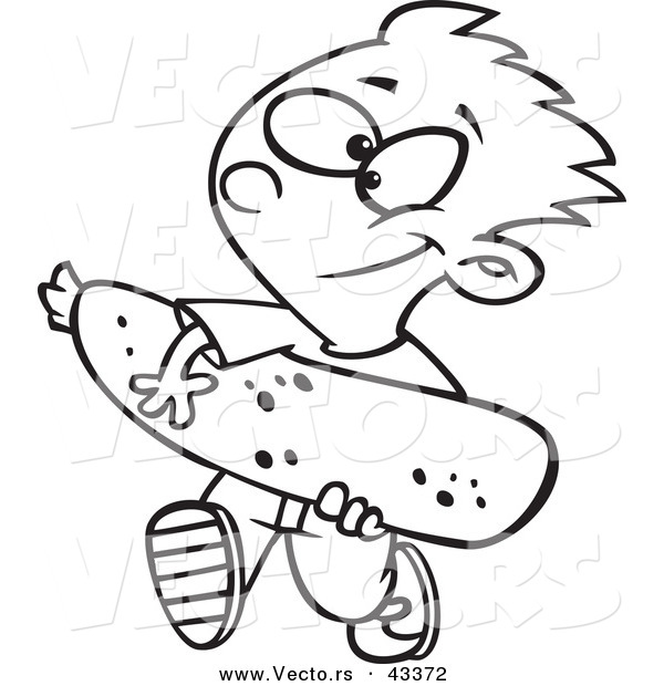 Vector of a Happy Cartoon Boy Carrying a Giant Zucchini - Coloring Page Outline