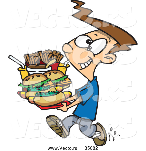 Vector of a Happy Cartoon Boy Carrying a Tray Full of Fast Food Burgers, Fries, and Drinks