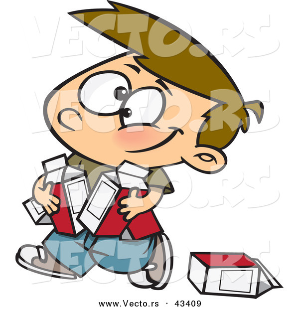 Vector of a Happy Cartoon Boy Carrying Cartons of Milk