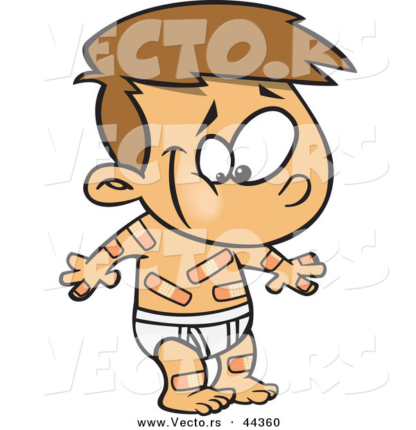 Vector of a Happy Cartoon Boy Covered in Boo Boo Bandages