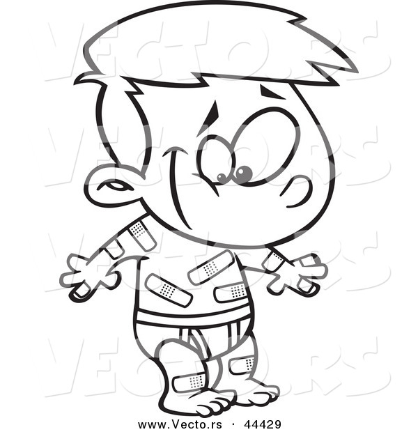 Vector of a Happy Cartoon Boy Covered in Boo Boo Bandages - Coloring Page Outline