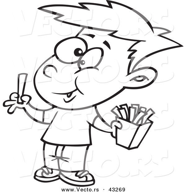 Vector of a Happy Cartoon Boy Eating French Fries - Coloring Page Outline