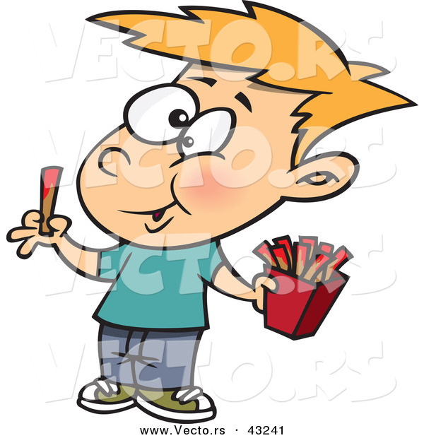 Vector of a Happy Cartoon Boy Eating French Fries with Ketchup