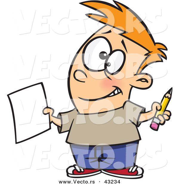 Vector of a Happy Cartoon Boy Holding a Blank Sheet of Paper and a Pencil While Grinning