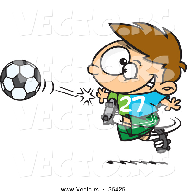 Vector of a Happy Cartoon Boy Kicking a Soccer Ball