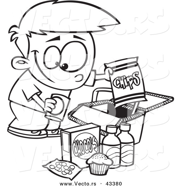 Vector of a Happy Cartoon Boy Packing Junk Food into a Picnic Basket - Coloring Page Outline
