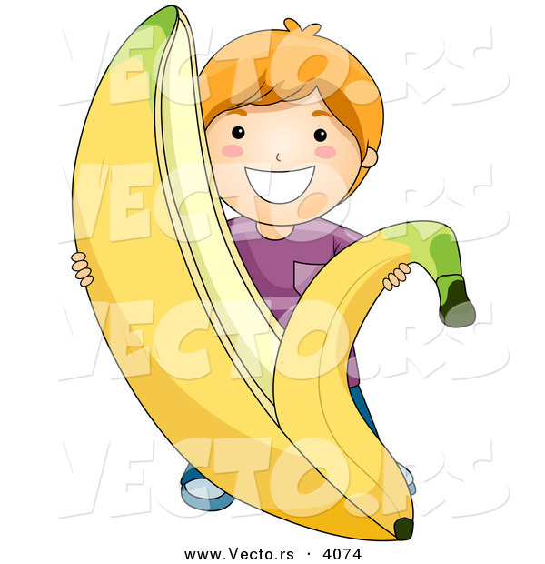 Vector of a Happy Cartoon Boy Peeling Giant Banana Skin Back